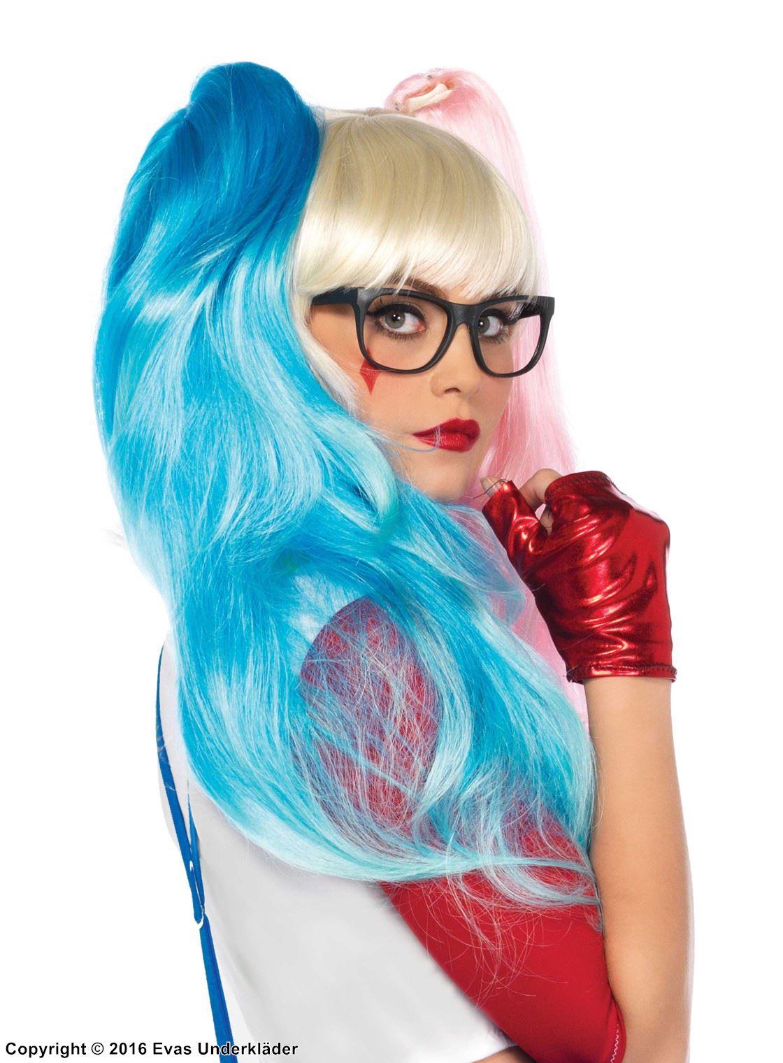 Harley Quinn, long wig, bangs, bunches, multi-color